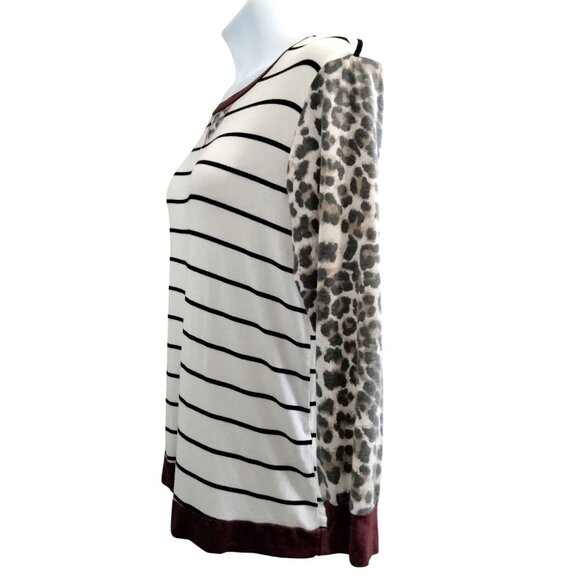 HoneyMe Medium Top Womens V-Neck Striped & Leopard Pattern Tunic Long Sleeve - Picture 5 of 9
